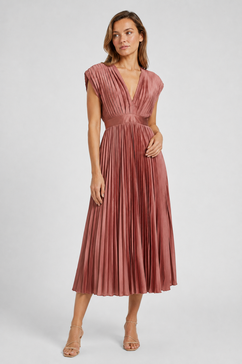 NOMU | Women's Pleated V-Neck Midi Dress – Elegant Sleeveless Flowing Evening Dress