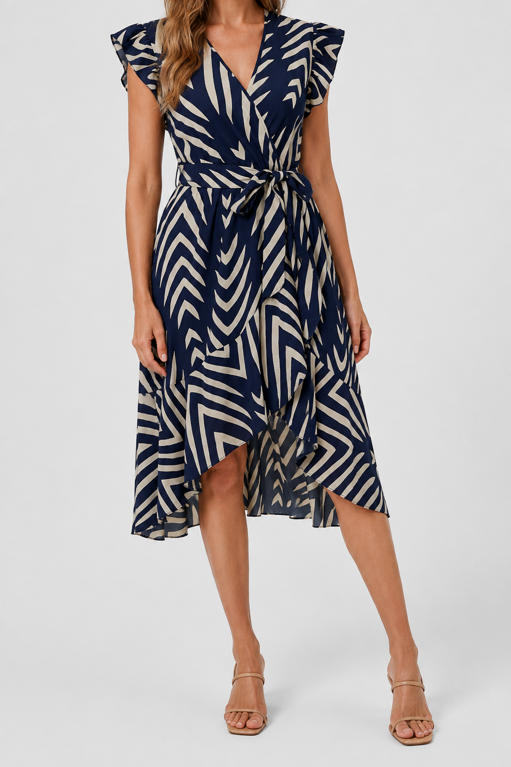 NOMU | Women's Printed High-Low Wrap Dress – Elegant Ruffle Sleeve Midi Dress