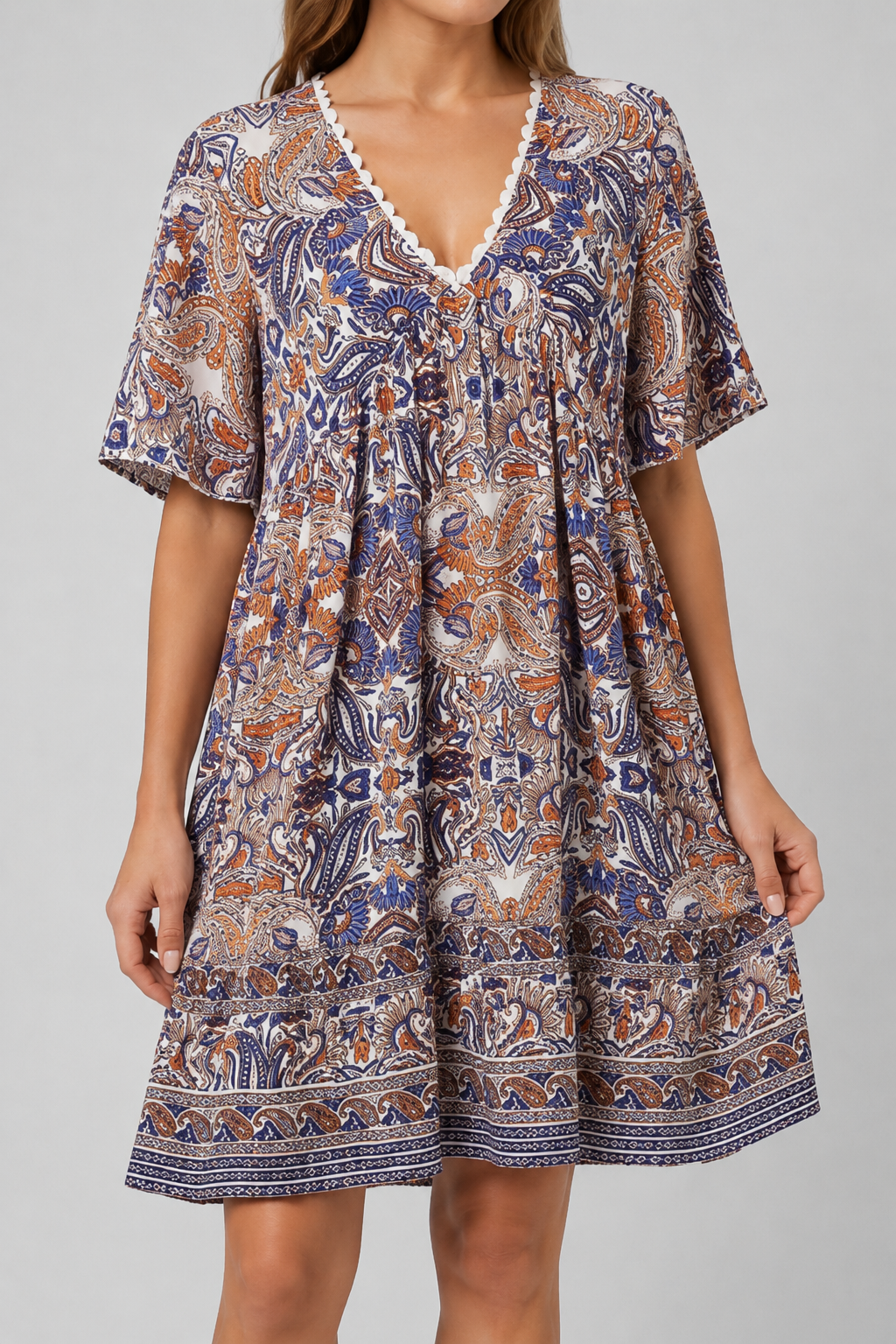 NOMU | Women's Printed Mini Dress – V Neck Short Sleeve Loose Fit Design