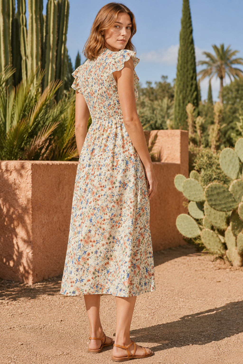 NOMU | Women's Floral Midi Dress – High Neck Flutter Sleeve Smocked Waist Design