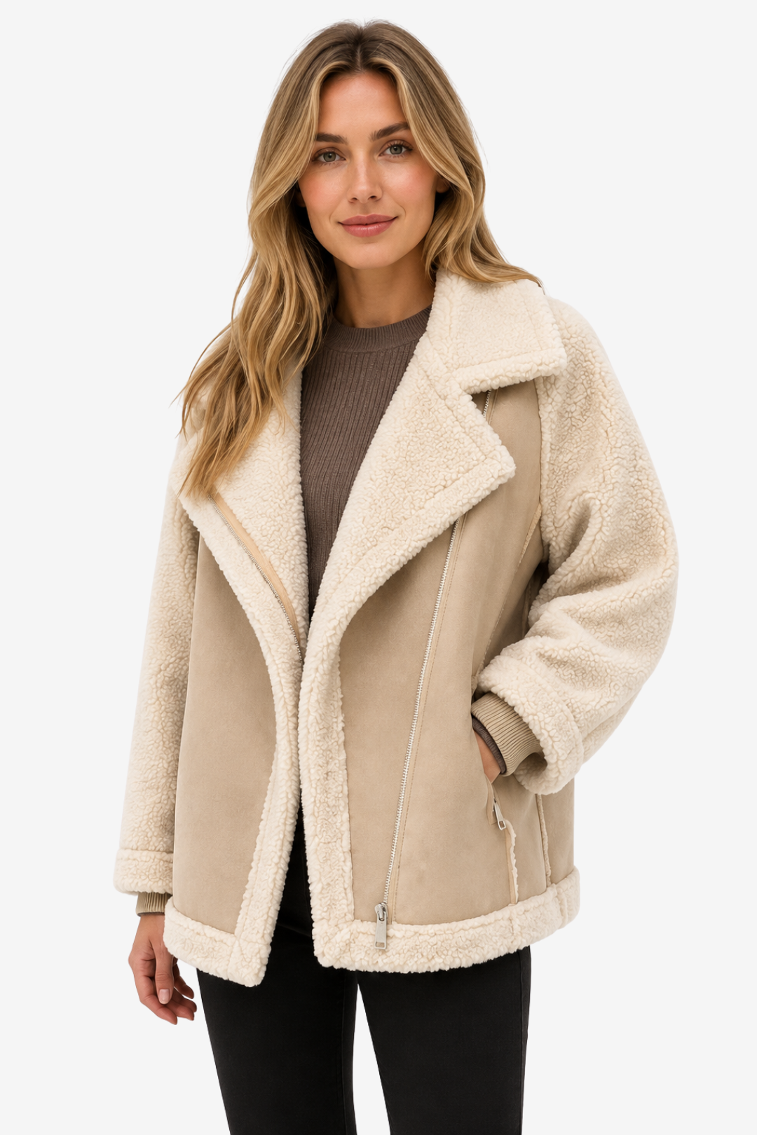 NOMU | Women's Shearling Jacket – Oversized Lapel Contrast Panel Zip Up Design