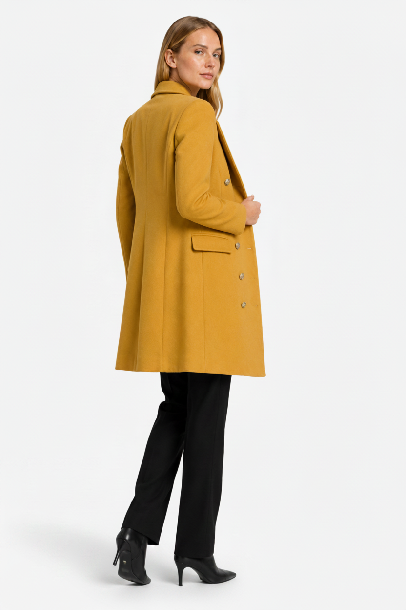 NOMU | Women's Long Button Front Coat – Double Breasted Design with Notched Lapels