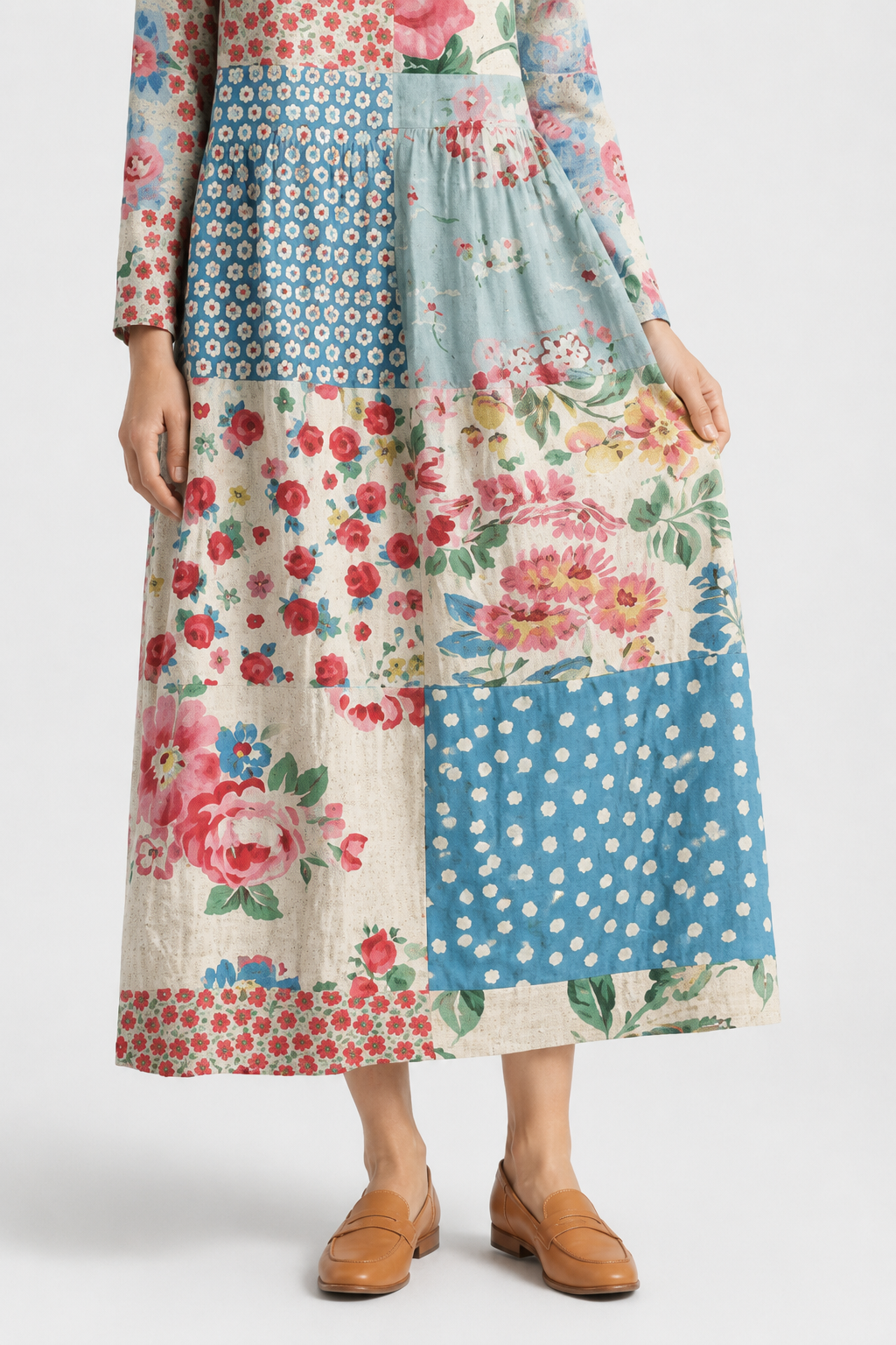 NOMU | Women's Patchwork Midi Dress – Long Sleeve V Neck Relaxed Fit Design