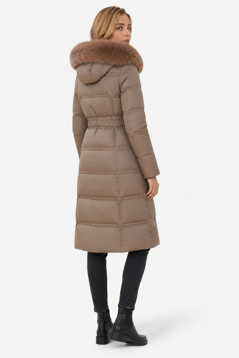 NOMU | Women's Long Puffer Coat – Fitted Waist with Fur Trim Hood