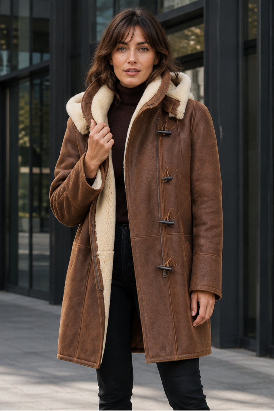 NOMU | Women's Shearling Coat – Hooded Toggle Front Longline Design