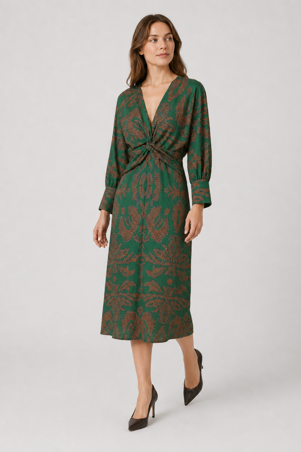 NOMU | Women's Vintage Print Twist Front Midi Dress – Elegant Long Sleeve V-Neck Dress