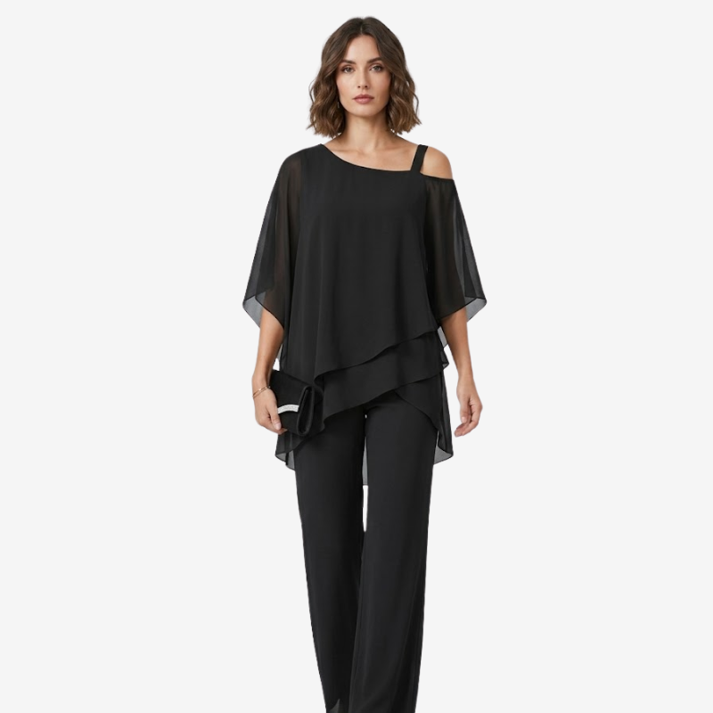 NOMU | Women's Elegant Chiffon Overlay Pant Set – Flowing Evening Two-Piece Outfit