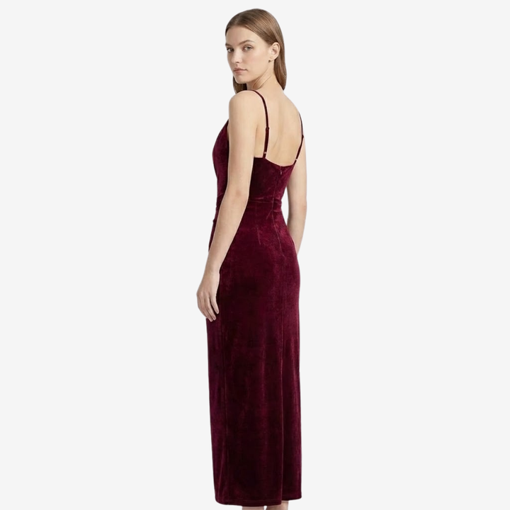 NOMU | Women's Velvet Cowl Neck Midi Dress – Elegant Sleeveless Slit Evening Gown