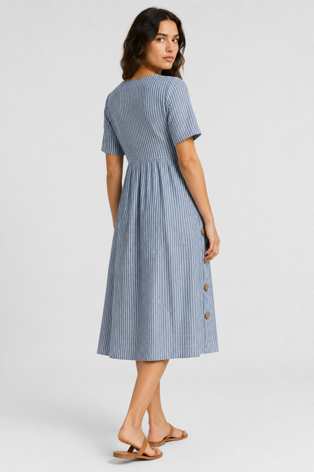 NOMU | Women's Striped Button Detail Midi Dress – Casual Short Sleeve Linen Look Dress