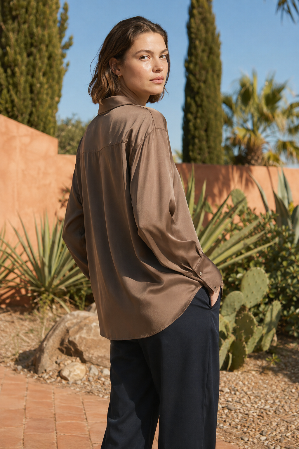 NOMU | Women’s Long Sleeve Button-Up Satin Blouse