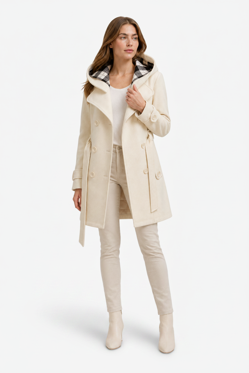 NOMU | Women's Hooded Trench Coat – Double Breasted Belted Design