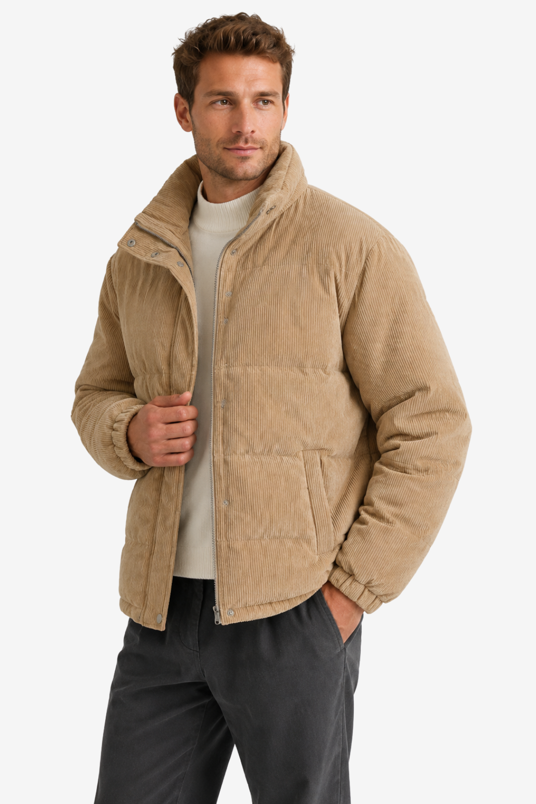 NOMU | Men's Puffer Jacket – Stand Collar Corduroy Casual Design