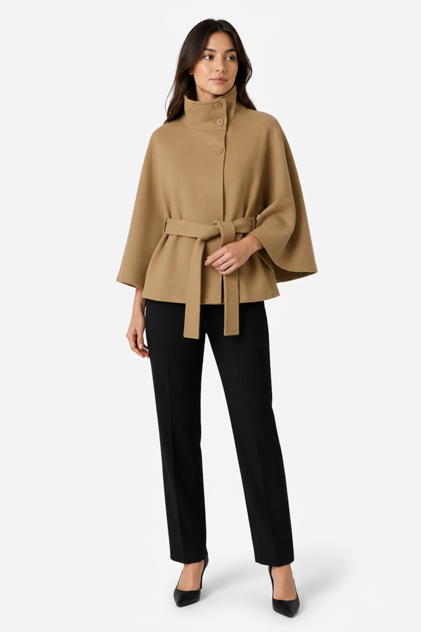 NOMU | Women's Belted Cape Coat – High Collar Wide Sleeve Design
