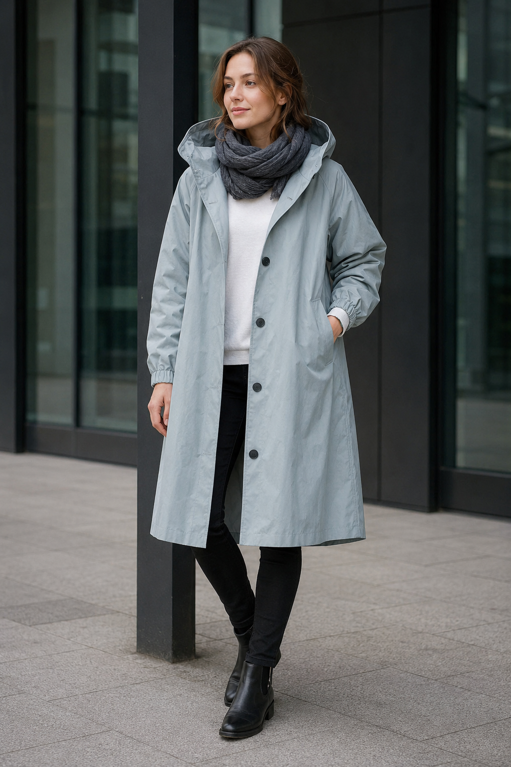 NOMU | Women's Hooded Raincoat – Longline Button Front Relaxed Design