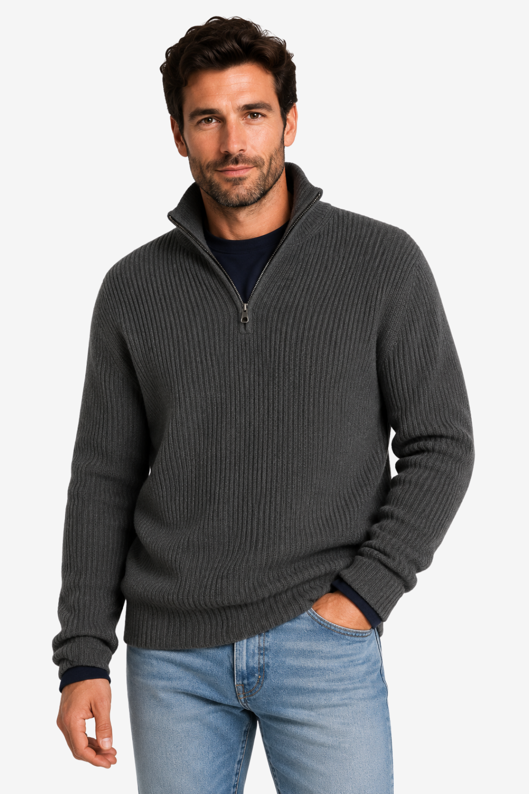 NOMU | Men's Quarter Zip Sweater – Ribbed Knit Stand Collar Long Sleeve Design