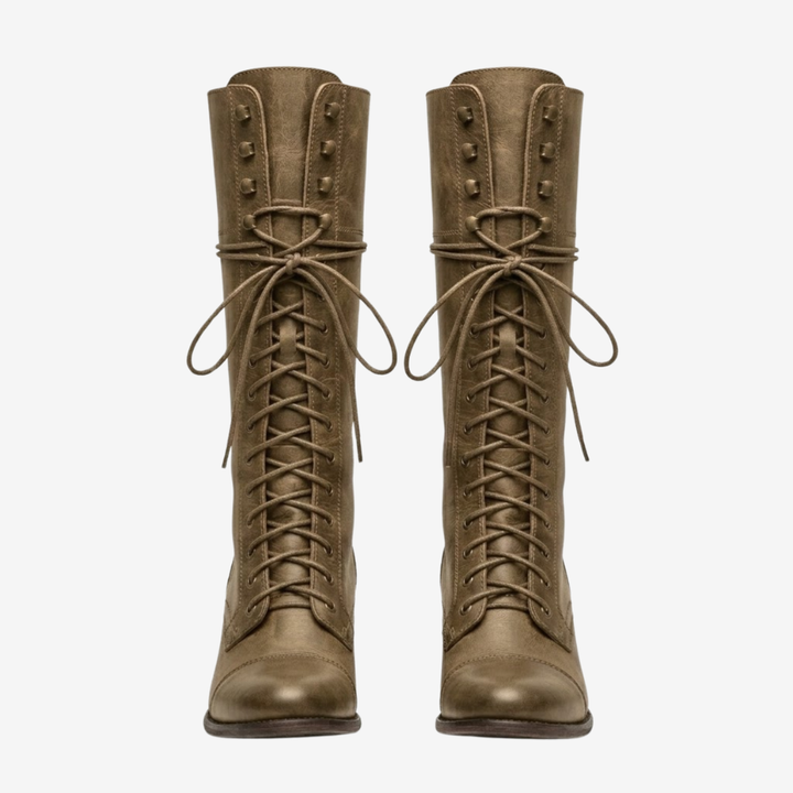 NOMU | Women's Vintage Lace-Up Knee-High Boots – Classic Block Heel Riding Boots