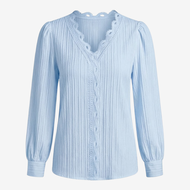 NOMU | Women's Lace Trim Pleated Blouse – Elegant V-Neck Long Sleeve Top