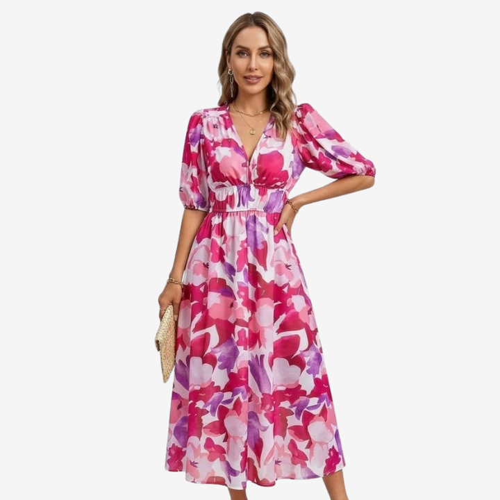NOMU | Women's Floral V-Neck Midi Dress – Elegant Puff Sleeve Flowing Dress