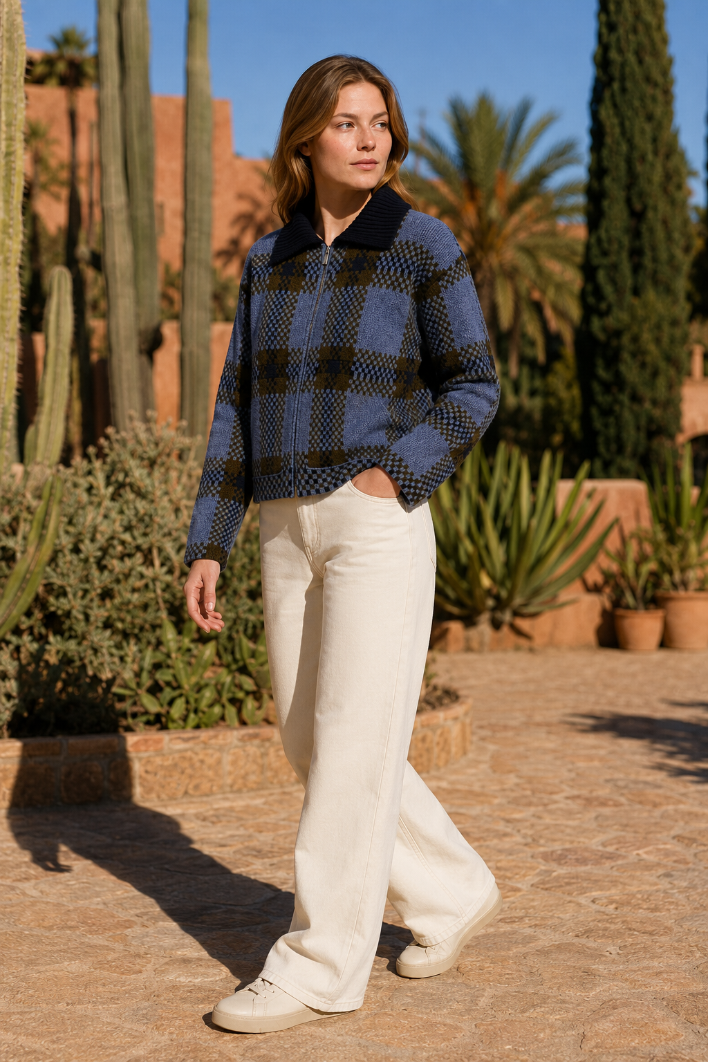 NOMU | Women's Plaid Knit Zip-Up Jacket – Soft Checkered Cardigan Coat