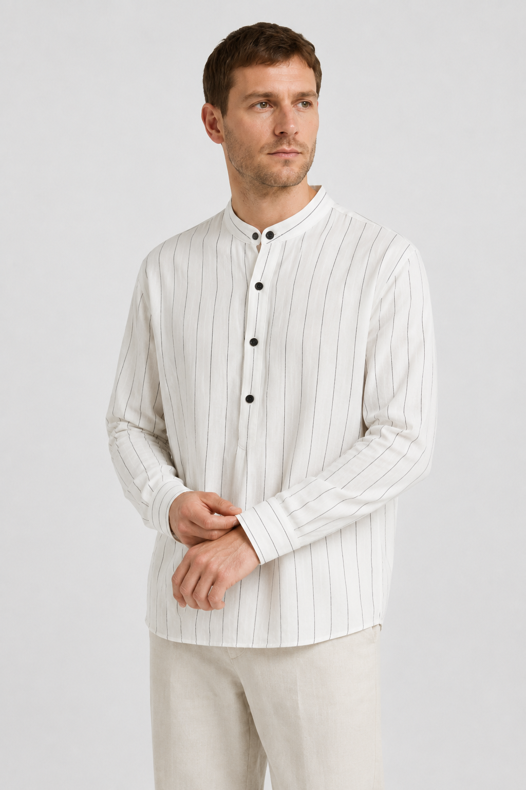 NOMU | Men's Striped Mandarin Collar Shirt – Long Sleeve Smart Casual Design