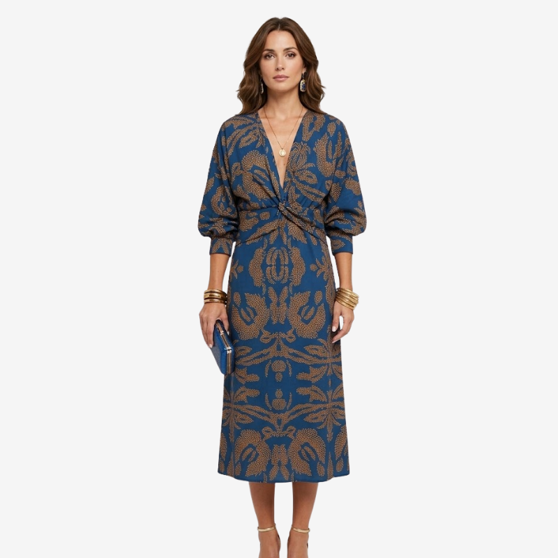 NOMU | Women's Vintage Print Twist Front Midi Dress – Elegant Long Sleeve V-Neck Dress