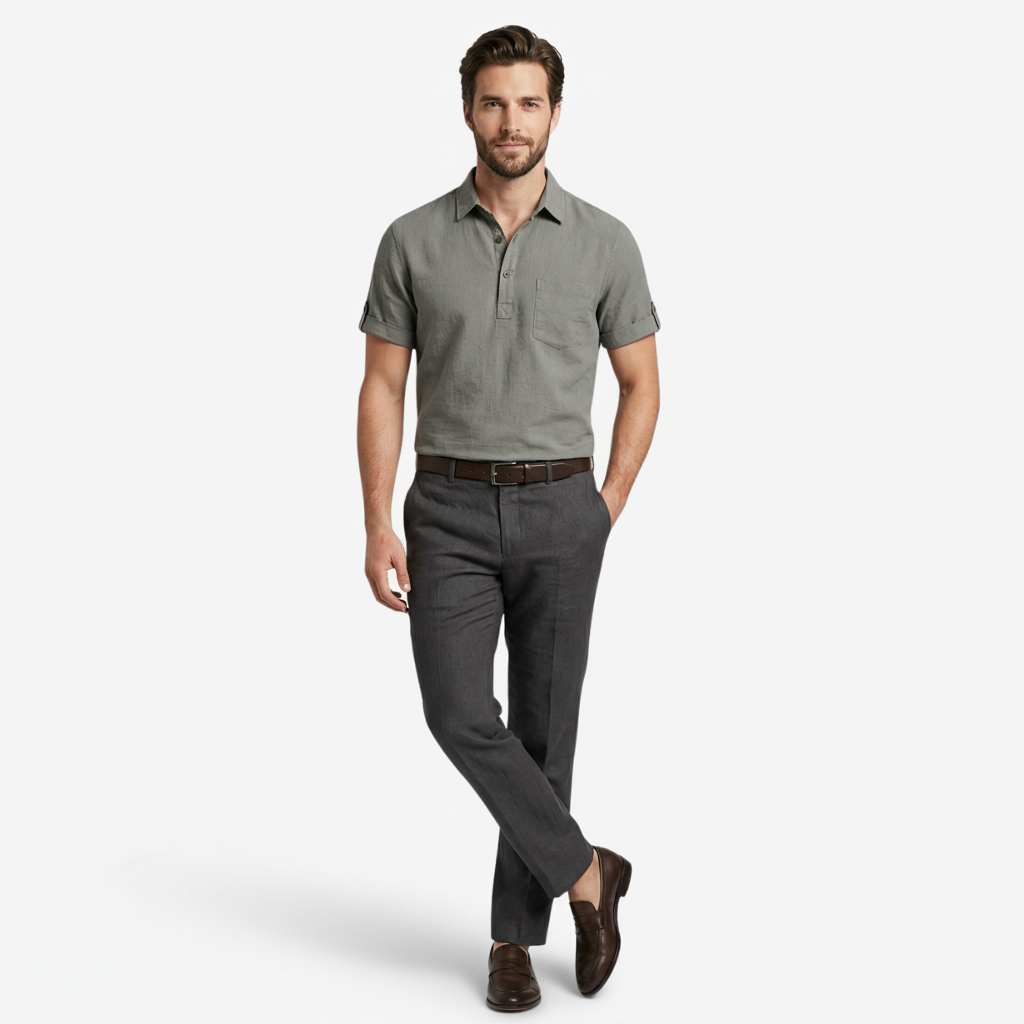 NOMU | Men's Short Sleeve Linen Polo Shirt – Relaxed Smart Casual Top