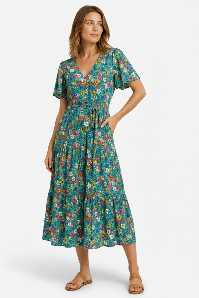 NOMU | Women's Floral Midi Dress – V Neck Short Sleeve Tie Waist Design