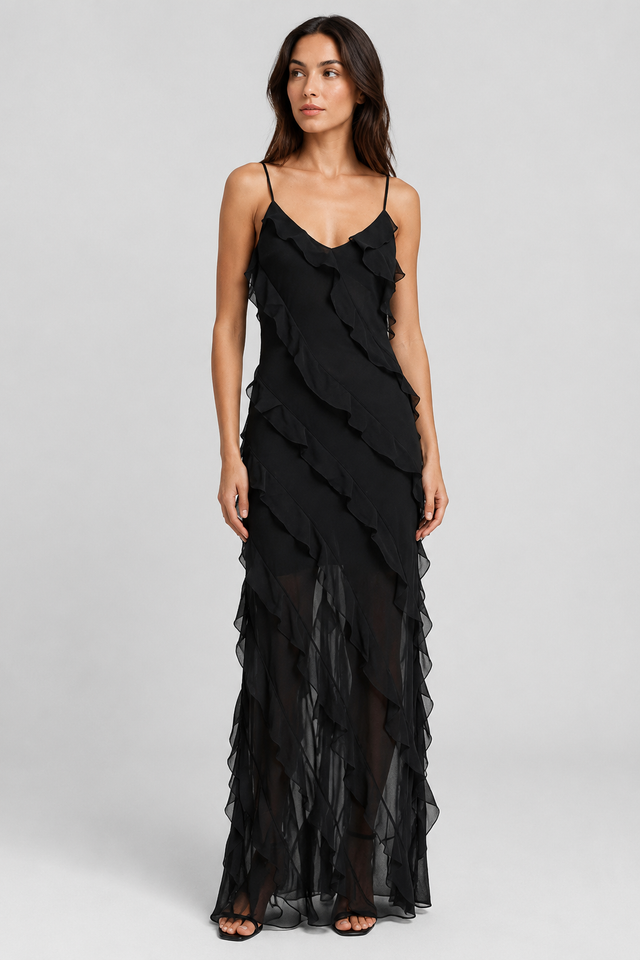 NOMU | Women's Sheer Ruffle Maxi Dress – Elegant Spaghetti Strap Evening Party Dress