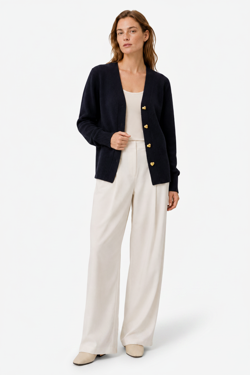NOMU | Women's V-Neck Knit Cardigan – Heart Button Front Relaxed Design