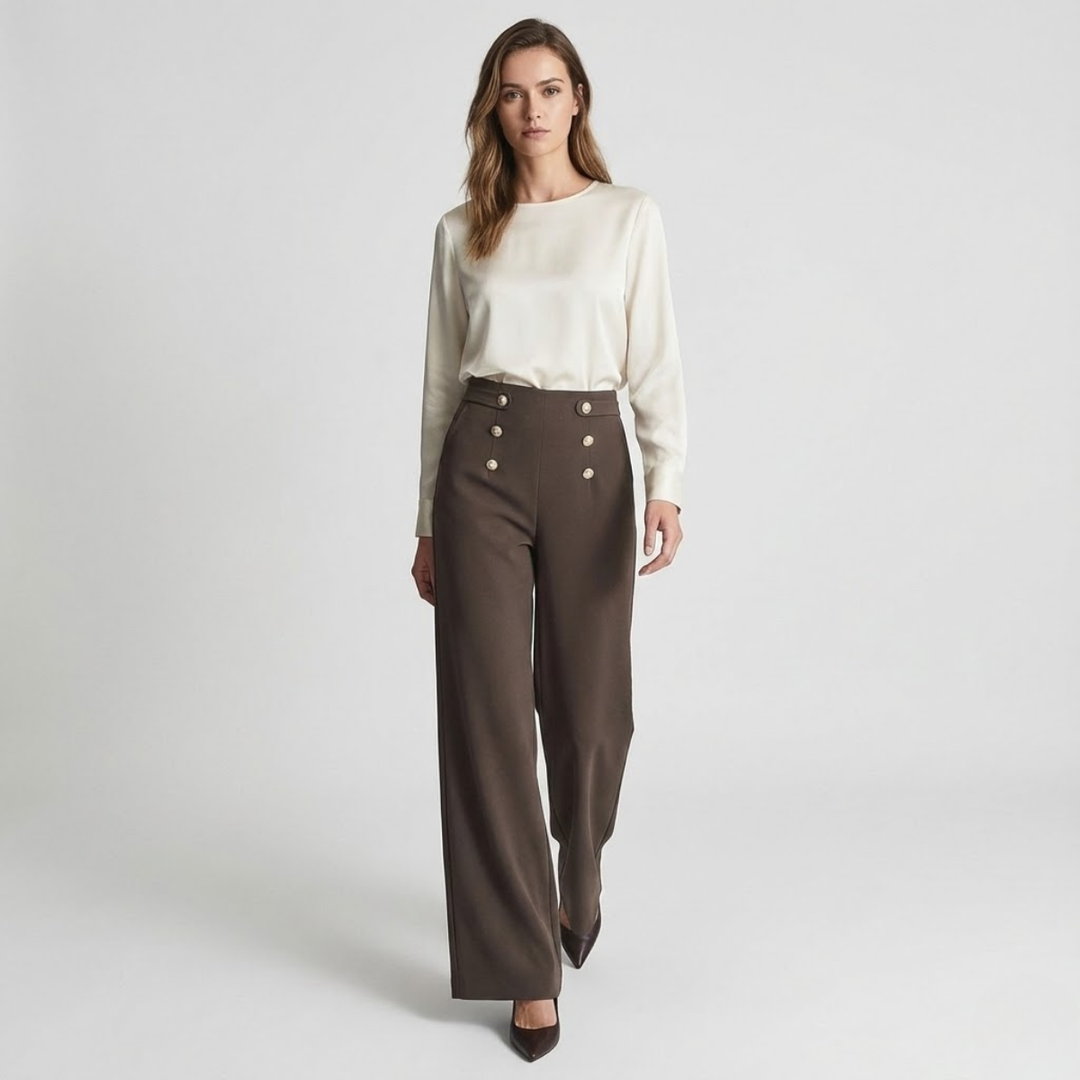 NOMU | Women's High-Waisted Wide Leg Trousers – Elegant Button Detail Palazzo Pants