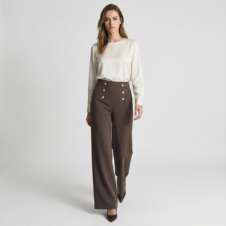 NOMU | Women's High-Waisted Wide Leg Trousers – Elegant Button Detail Palazzo Pants