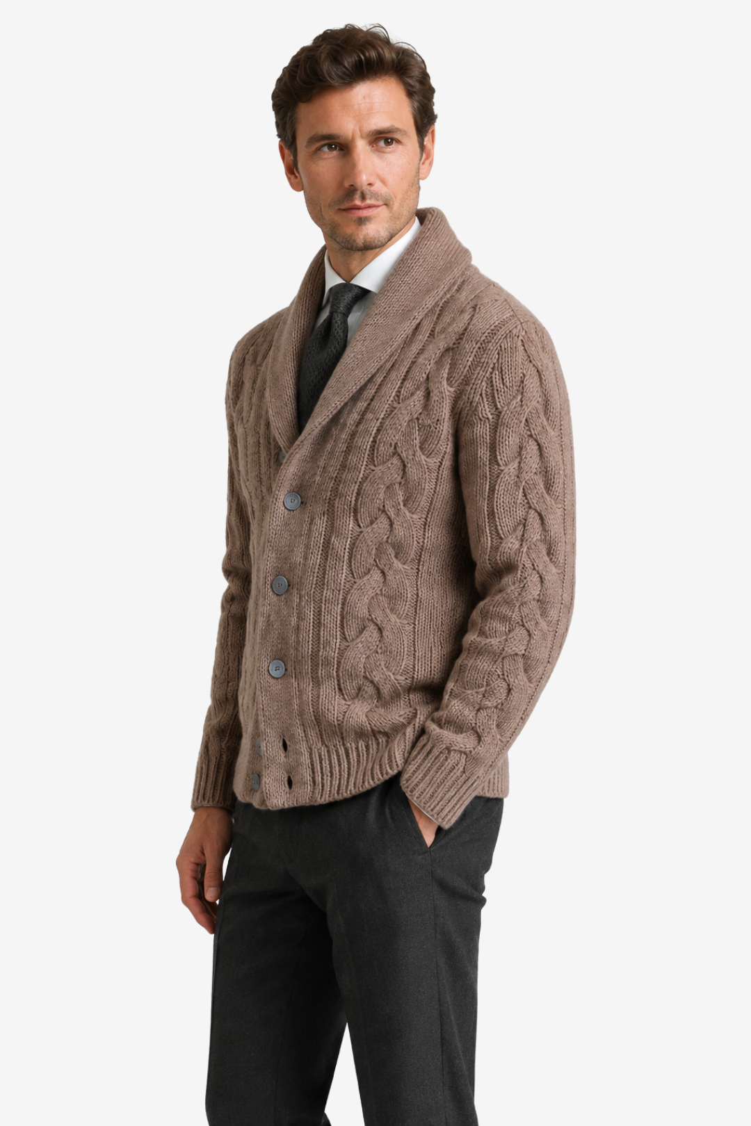 NOMU | Men's Cable Knit Cardigan – Shawl Collar Button Front Design