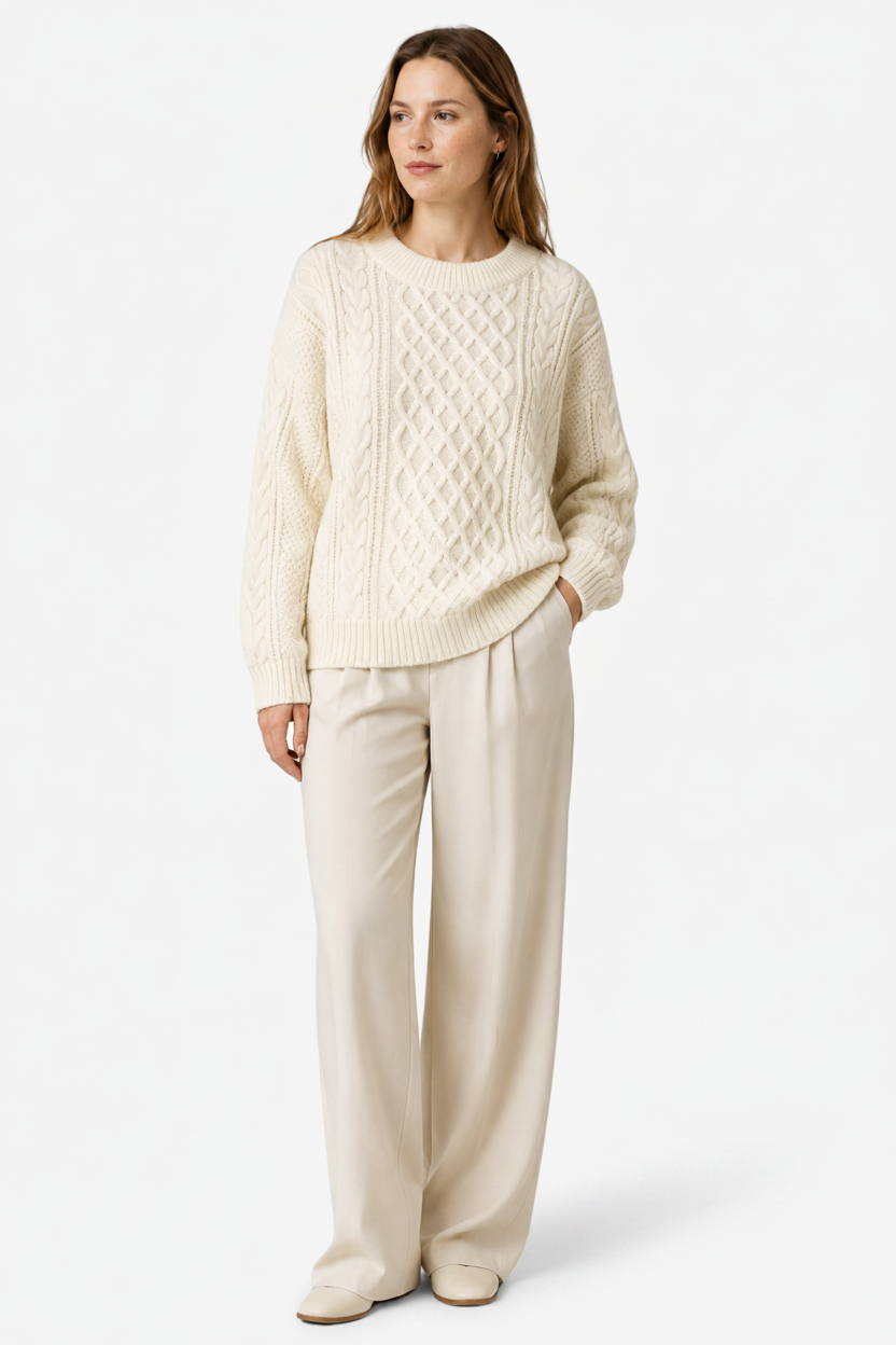 NOMU | Women's Cable Knit Sweater – Textured Crew Neck Relaxed Design