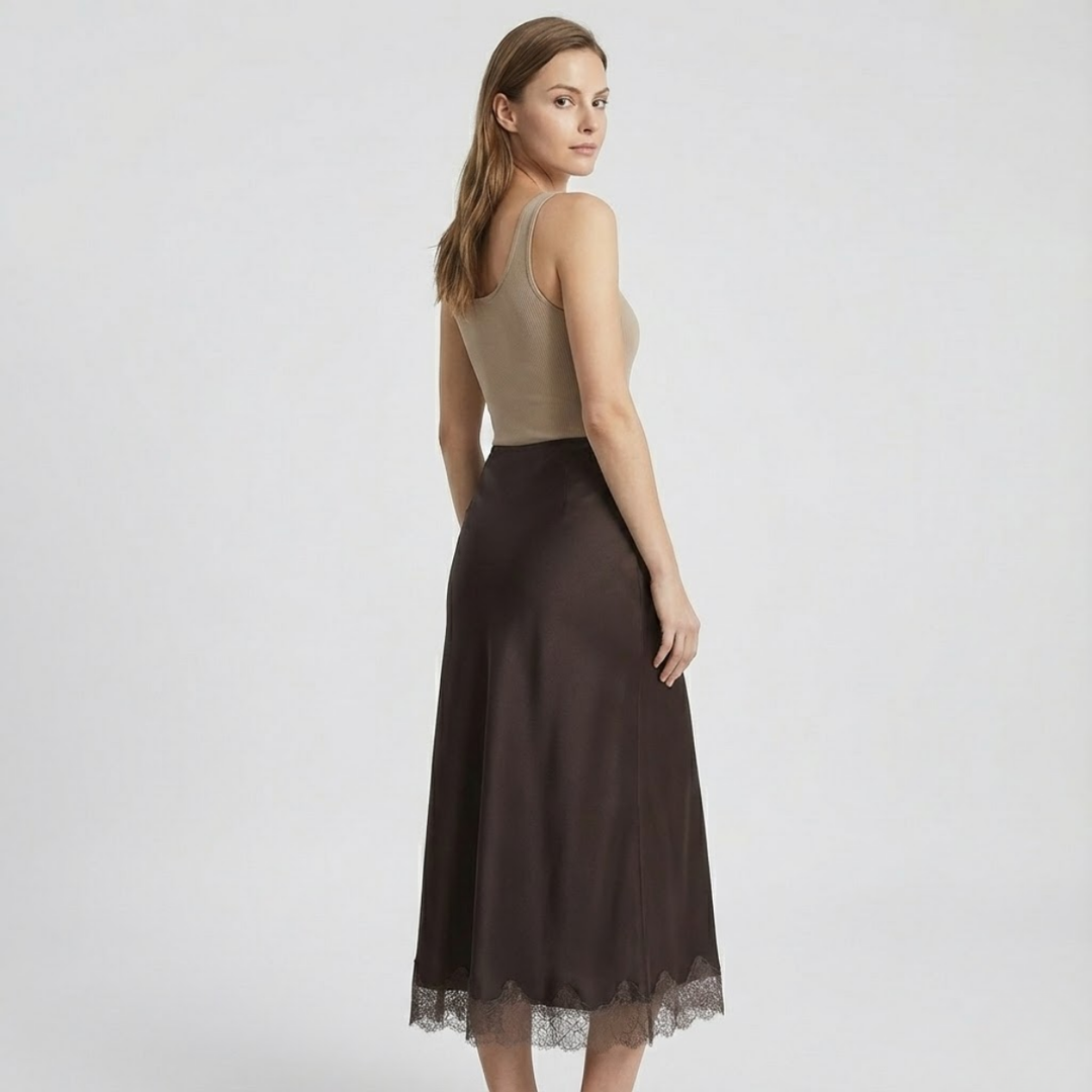 NOMU | Women's Satin Midi Skirt – Elegant Lace Trim Slip Skirt