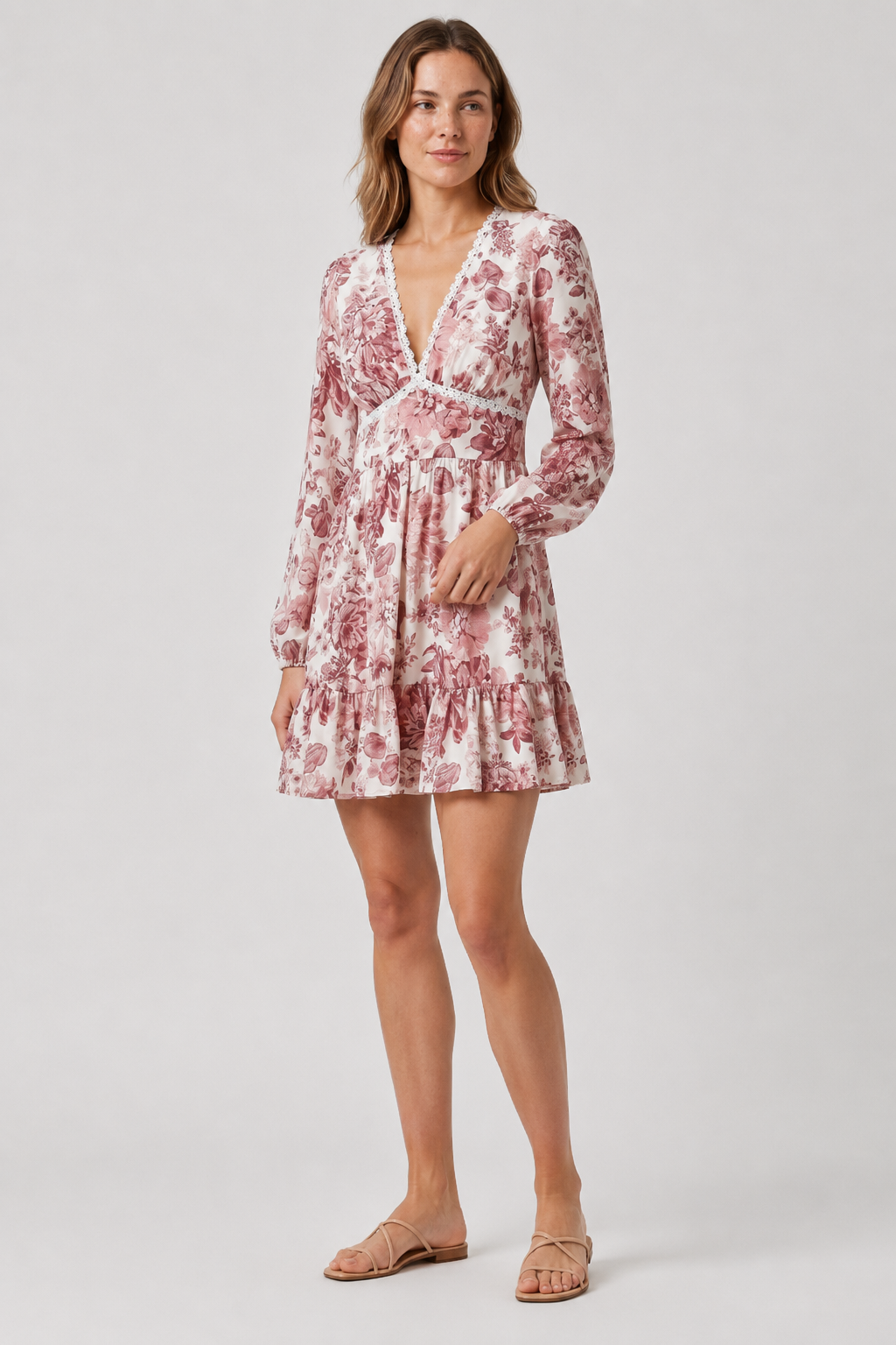 NOMU | Women's Floral Mini Dress – V Neck Long Sleeve Ruffle Hem Design