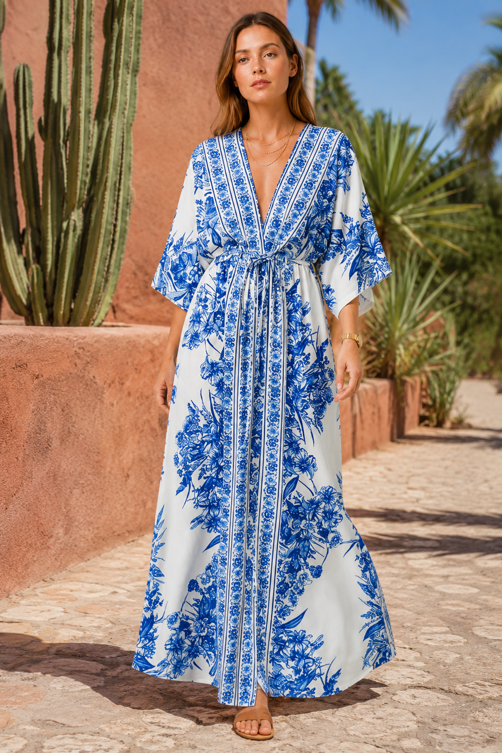 NOMU | Women's Printed Maxi Dress – V Neck Kimono Sleeve Tie Waist Relaxed Design