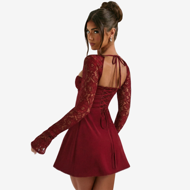 NOMU | Women's Lace Long Sleeve Bodycon Mini Dress – Elegant Sweetheart Neck Party Dress