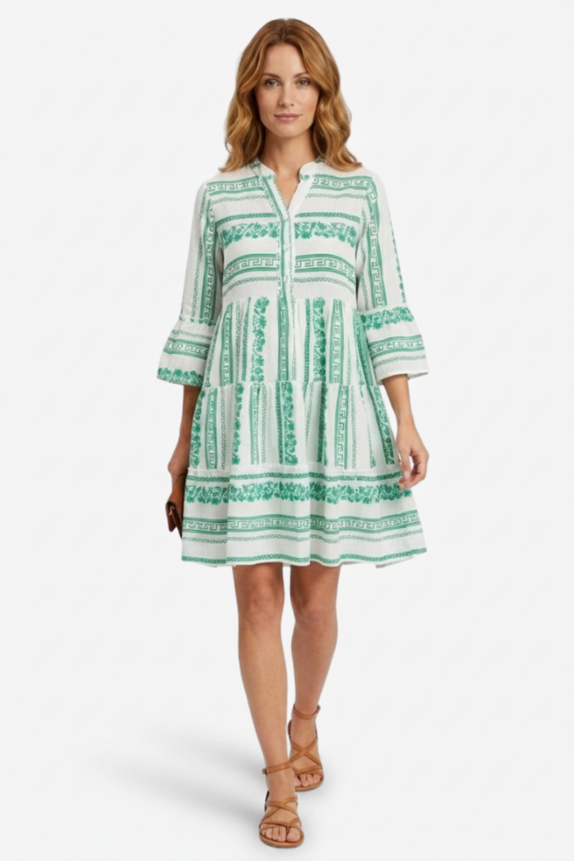 NOMU | Women's Printed Mini Dress – V Neck Button Front Tiered Loose Fit Design