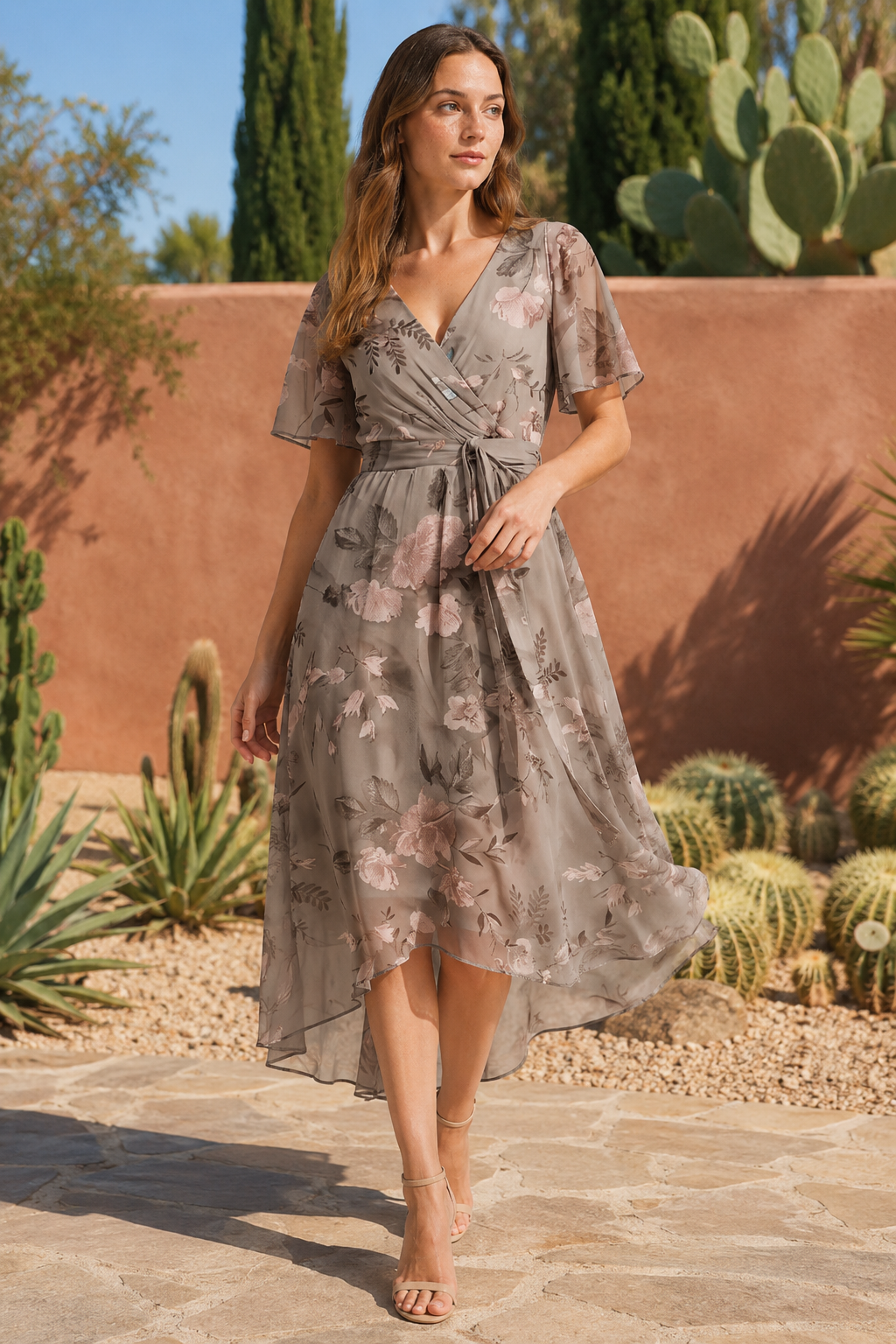 NOMU | Women's Floral Midi Dress – V Neck Flutter Sleeve Tie Waist Wrap Design