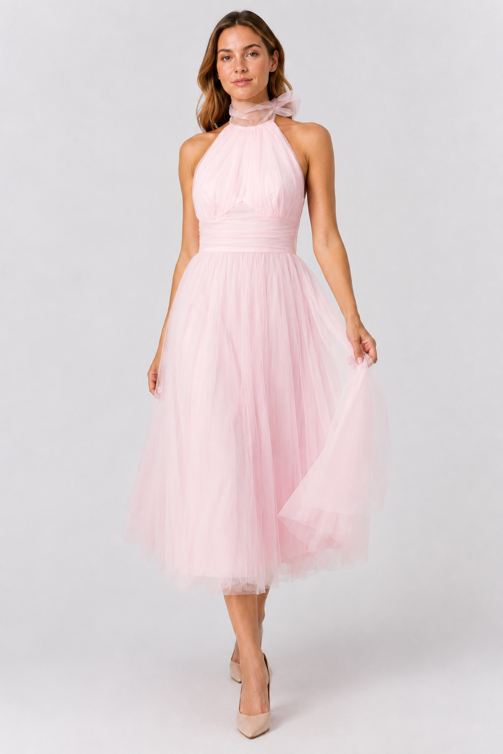 NOMU | Women's Halter Neck Tulle Midi Dress – Elegant Sleeveless Princess Party Dress