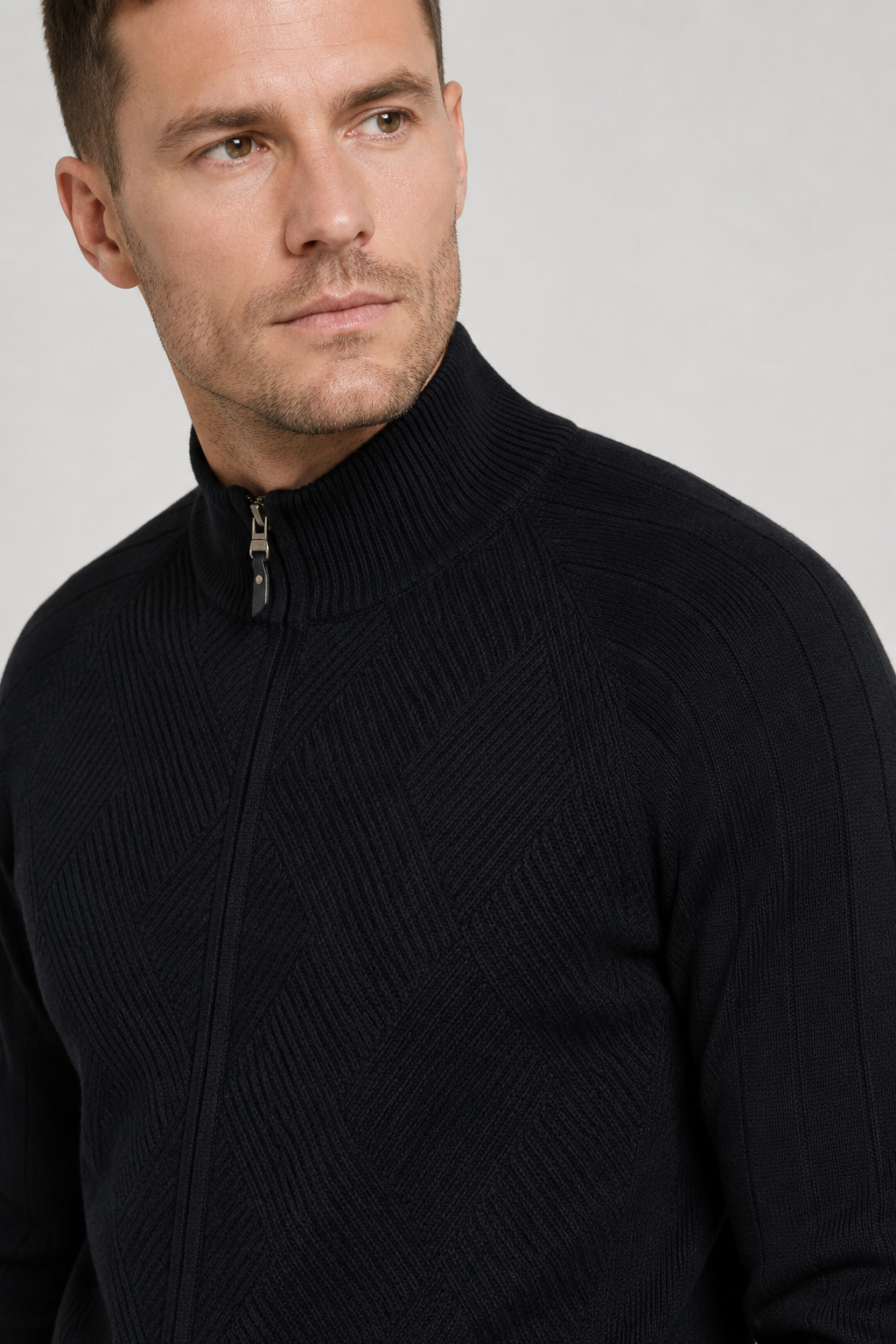 NOMU | Men's Zip-Up Knit Sweater Jacket – Textured Stand Collar Cardigan