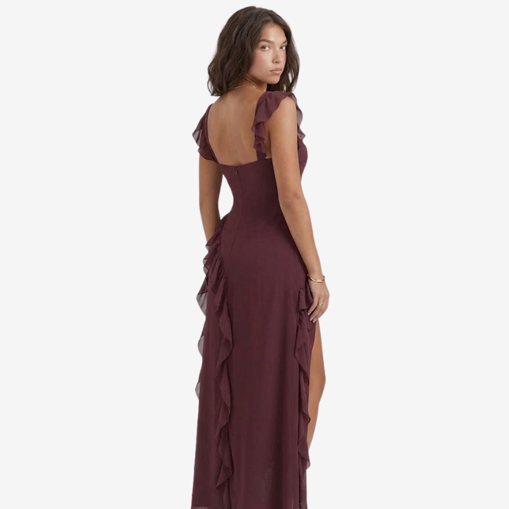 NOMU | Women's Ruffle Trim High Slit Maxi Dress – Elegant Sleeveless Evening Dress