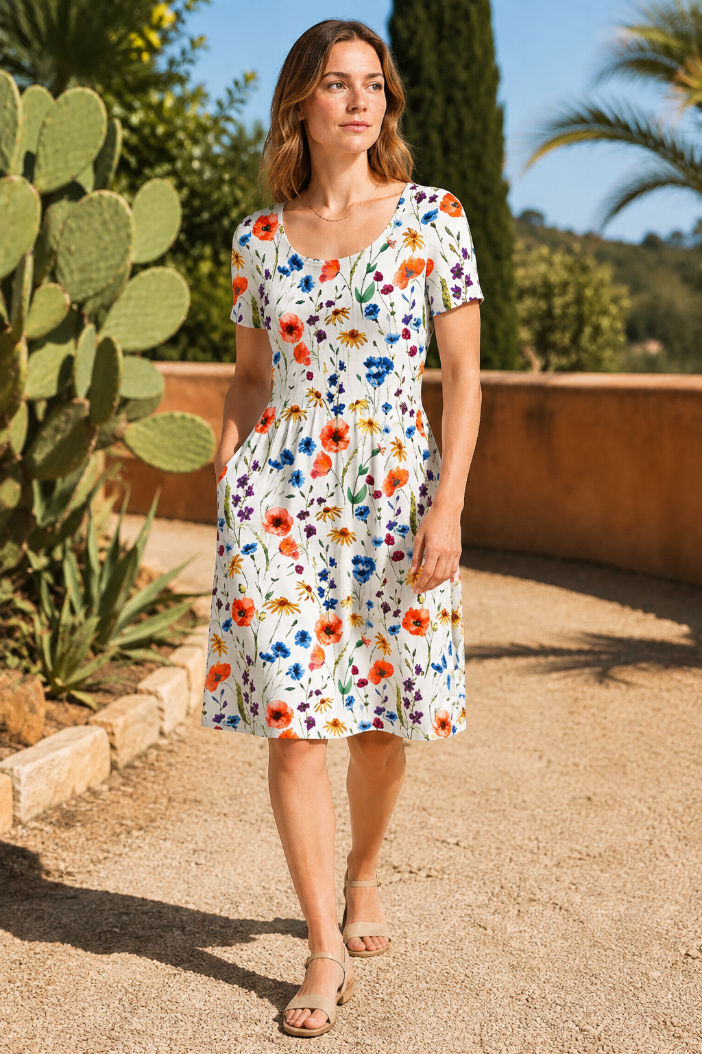 NOMU | Women's Floral Print Midi Dress – Short Sleeve Relaxed Fit