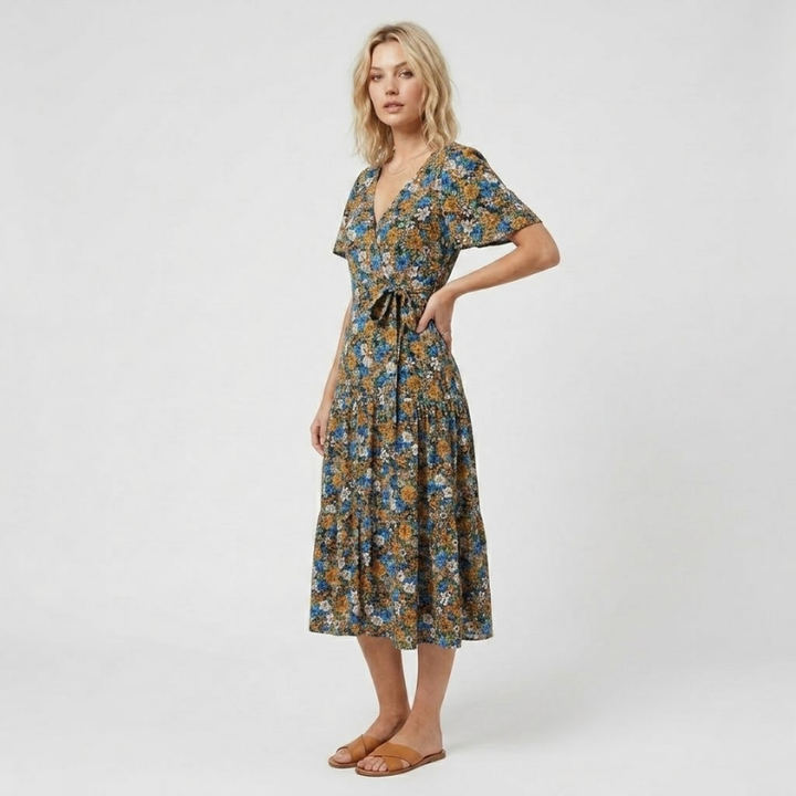 NOMU | Women's Floral Midi Dress – V Neck Short Sleeve Tie Waist Design