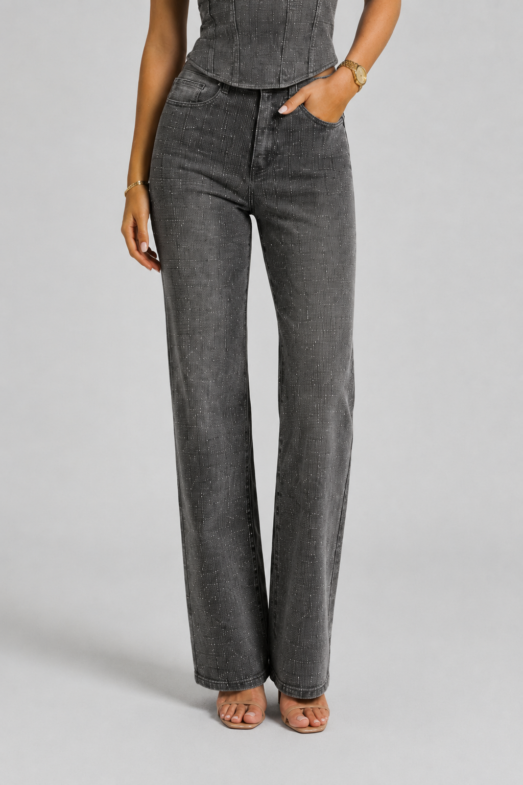 NOMU | Women's Rhinestone Denim Corset & Wide-Leg Jeans Set – Glam Strapless Co-Ord Outfit