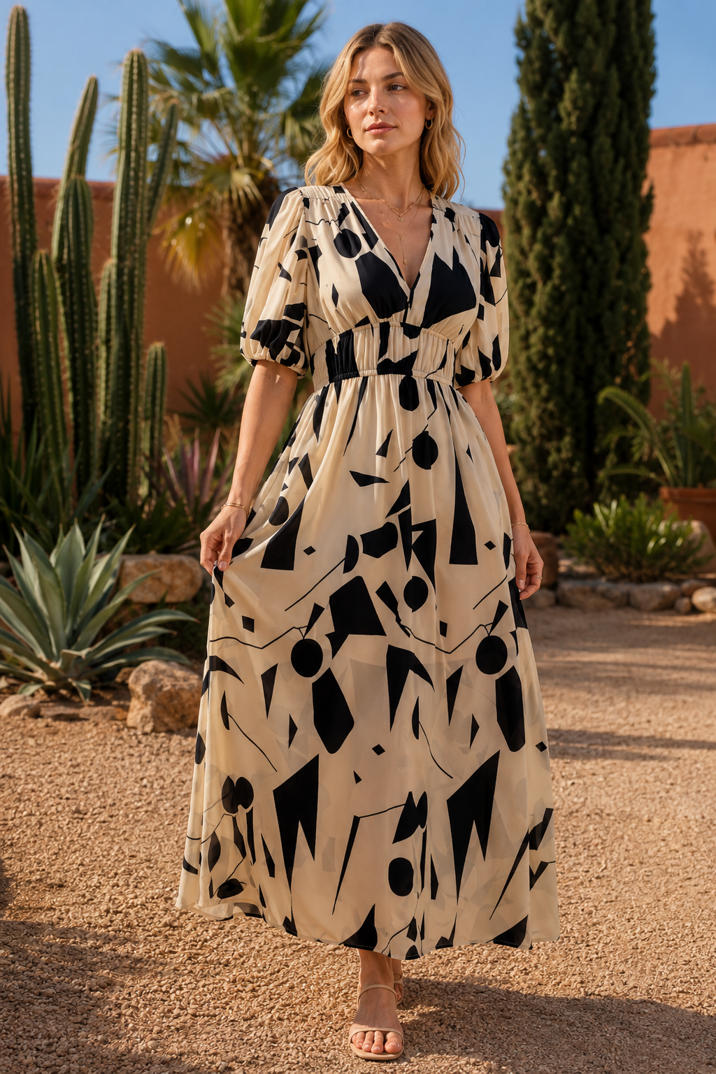 NOMU | Women's Abstract Print Midi Dress – V Neck Puff Sleeve Elastic Waist Design
