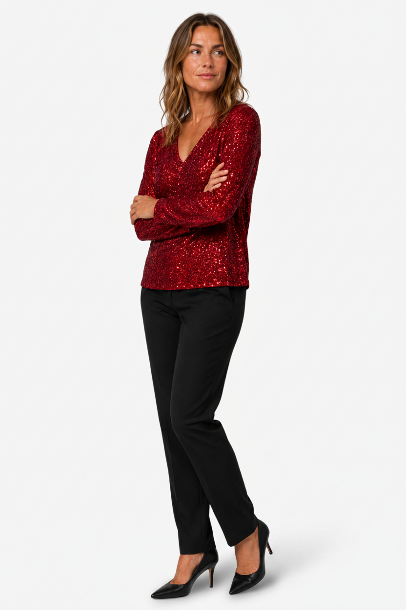 NOMU | Women's Long-Sleeve Sequin Blouse – V-Neck Design for Parties and Weekend Events