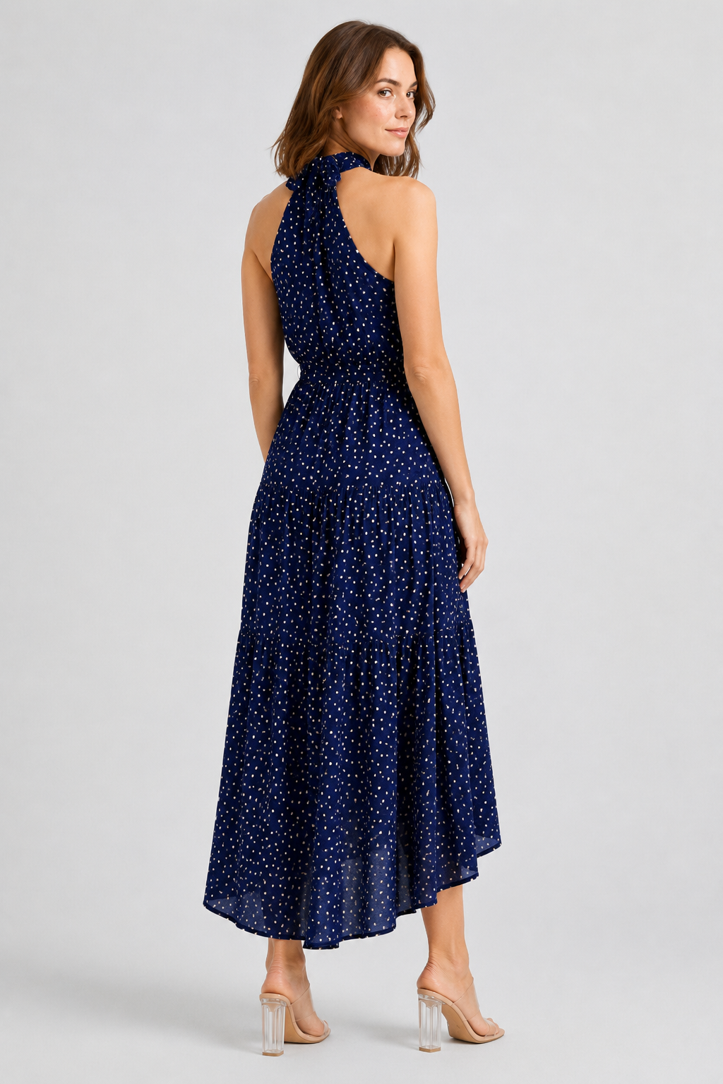 NOMU | Women's Polka Dot Halter Maxi Dress – Elegant Sleeveless Tie Waist Dress