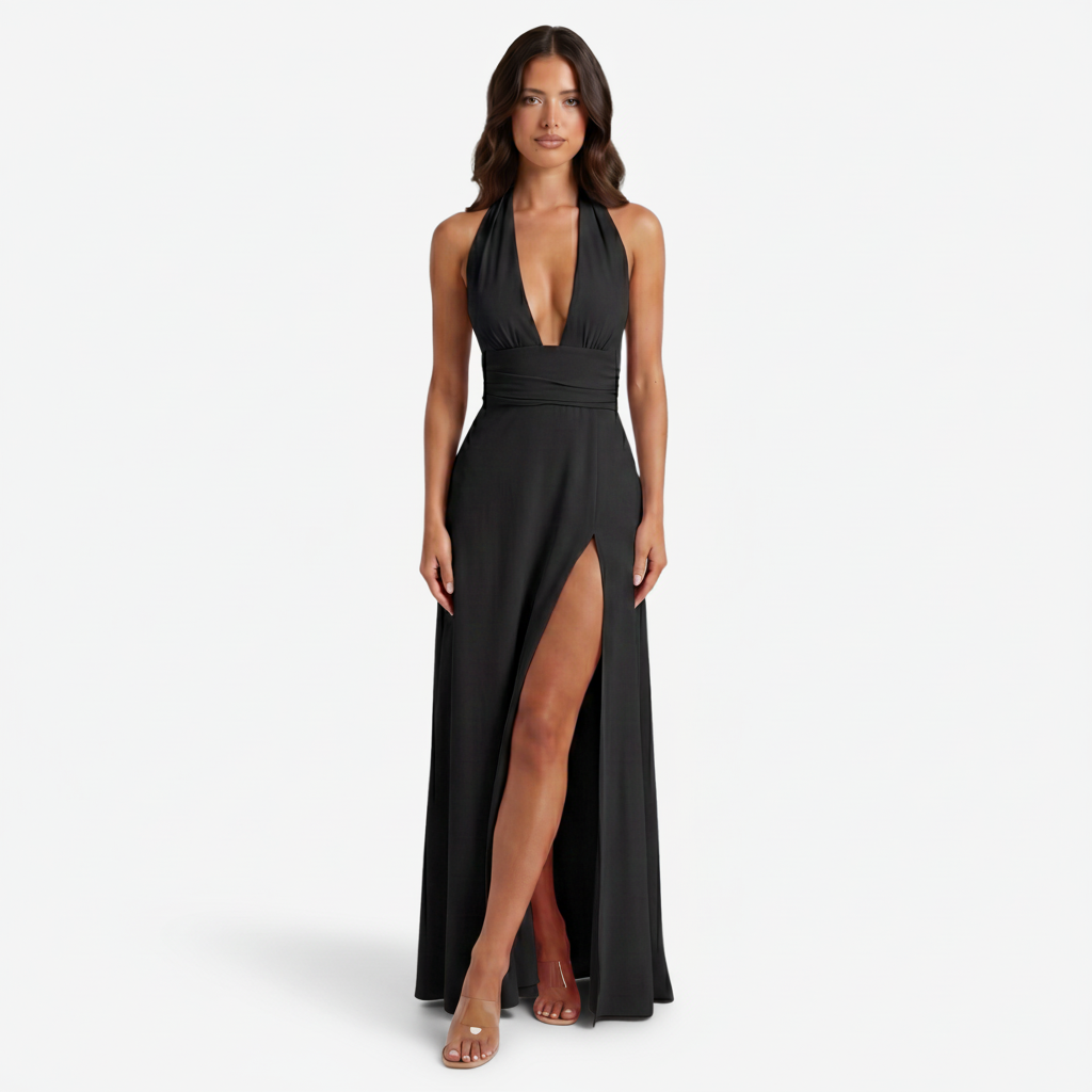 NOMU | Women's Halter Maxi Dress – Deep V Neck Side Slit Fitted Design