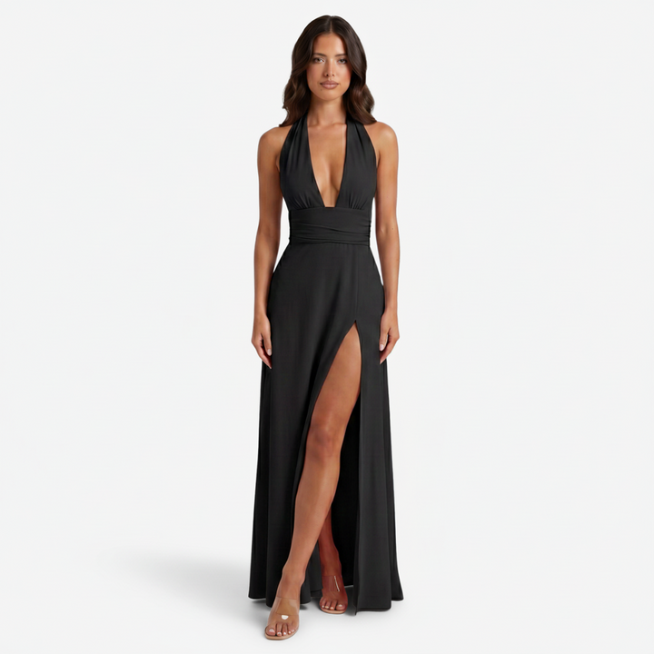 NOMU | Women's Halter Maxi Dress – Deep V Neck Side Slit Fitted Design